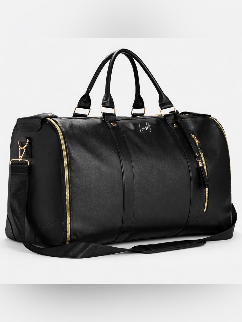 Lushly Black carry-on Duffel Bag with Gold Hardware Accents